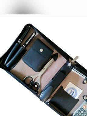 Vintage Brookstone Travel Desk Set Faux Leather Zip Case